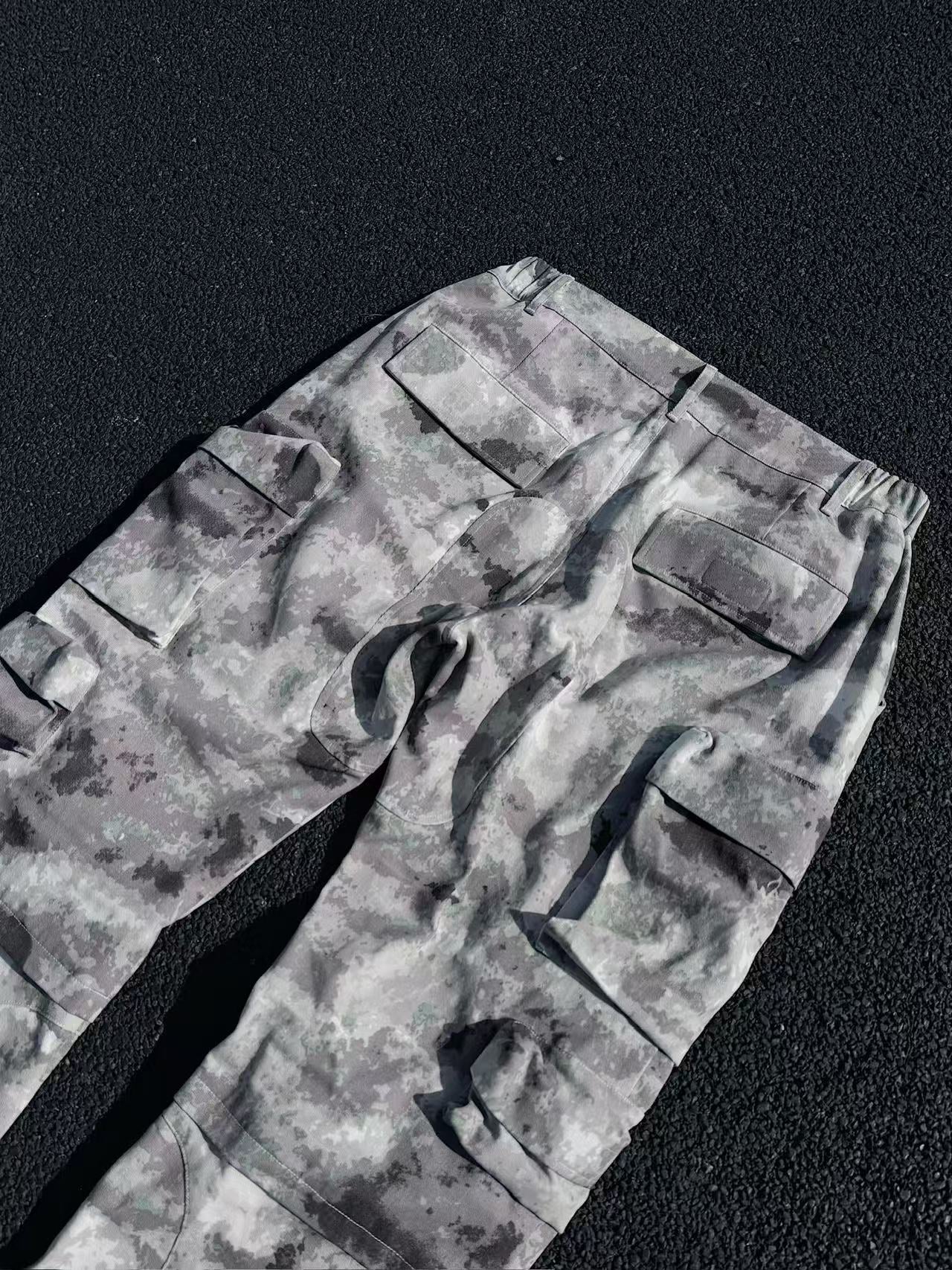 Gray Camouflage Cargo Pants with Multiple Pockets, Flared Techwear Trousers for Men & Women